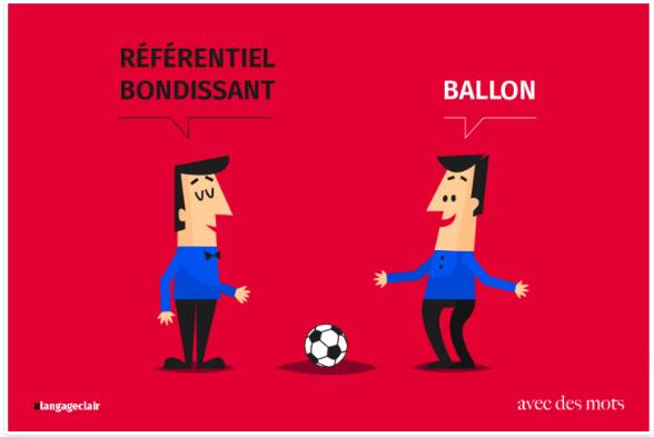  illustration humoristique pour illustrer le bénéfice du langage clair. Deux hommes avec un ballon de foot au milieu : l’un dit « référentiel bondissant » et l’autre dit « ballon », tous les deux pour nommer le ballon de foot